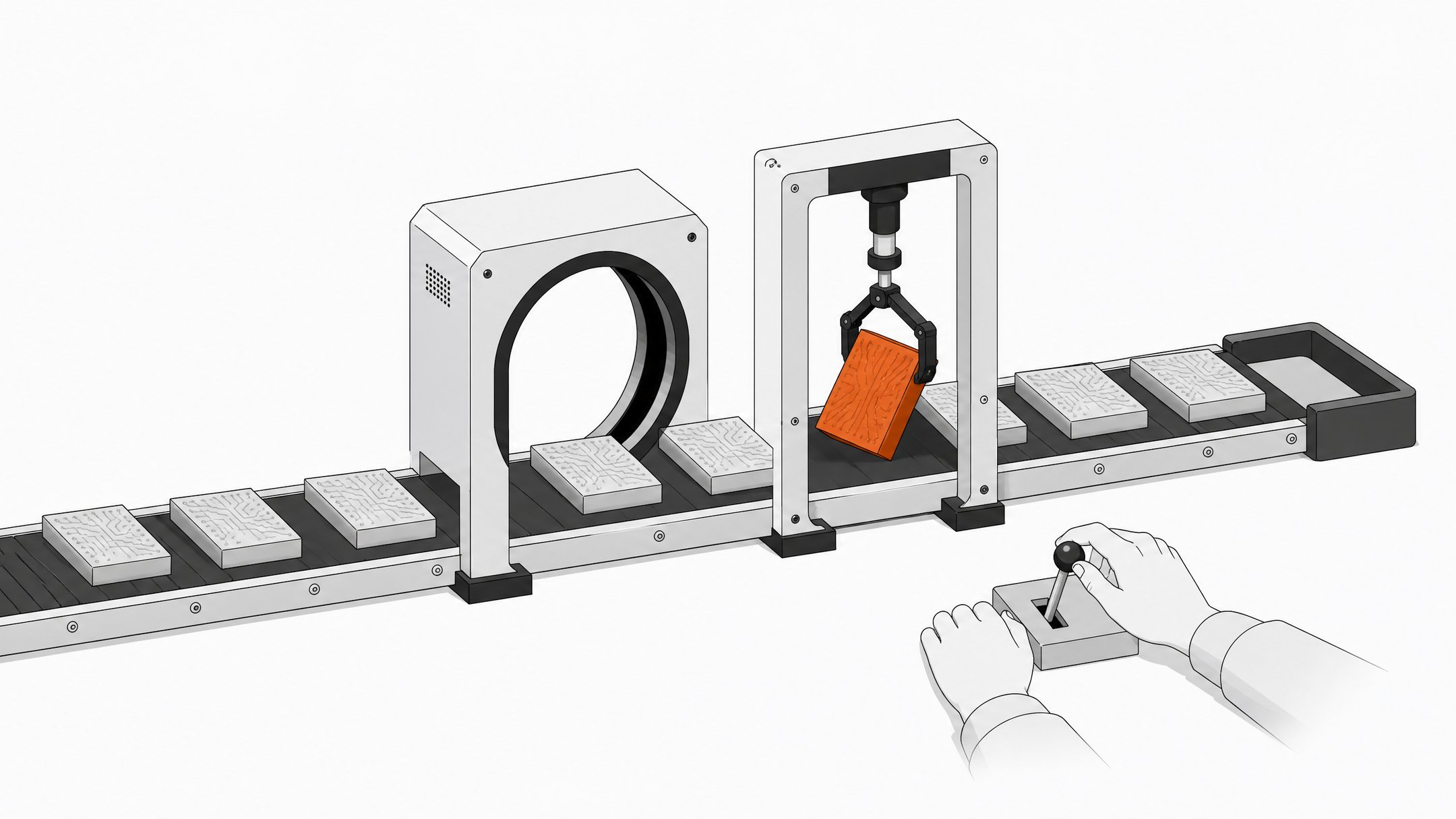 A conveyor of uniform code-block tokens passes through an automated scanner while a mechanical clamp singles out one block for closer inspection, illustrating human review of AI-generated code alongside automated benchmarking.
