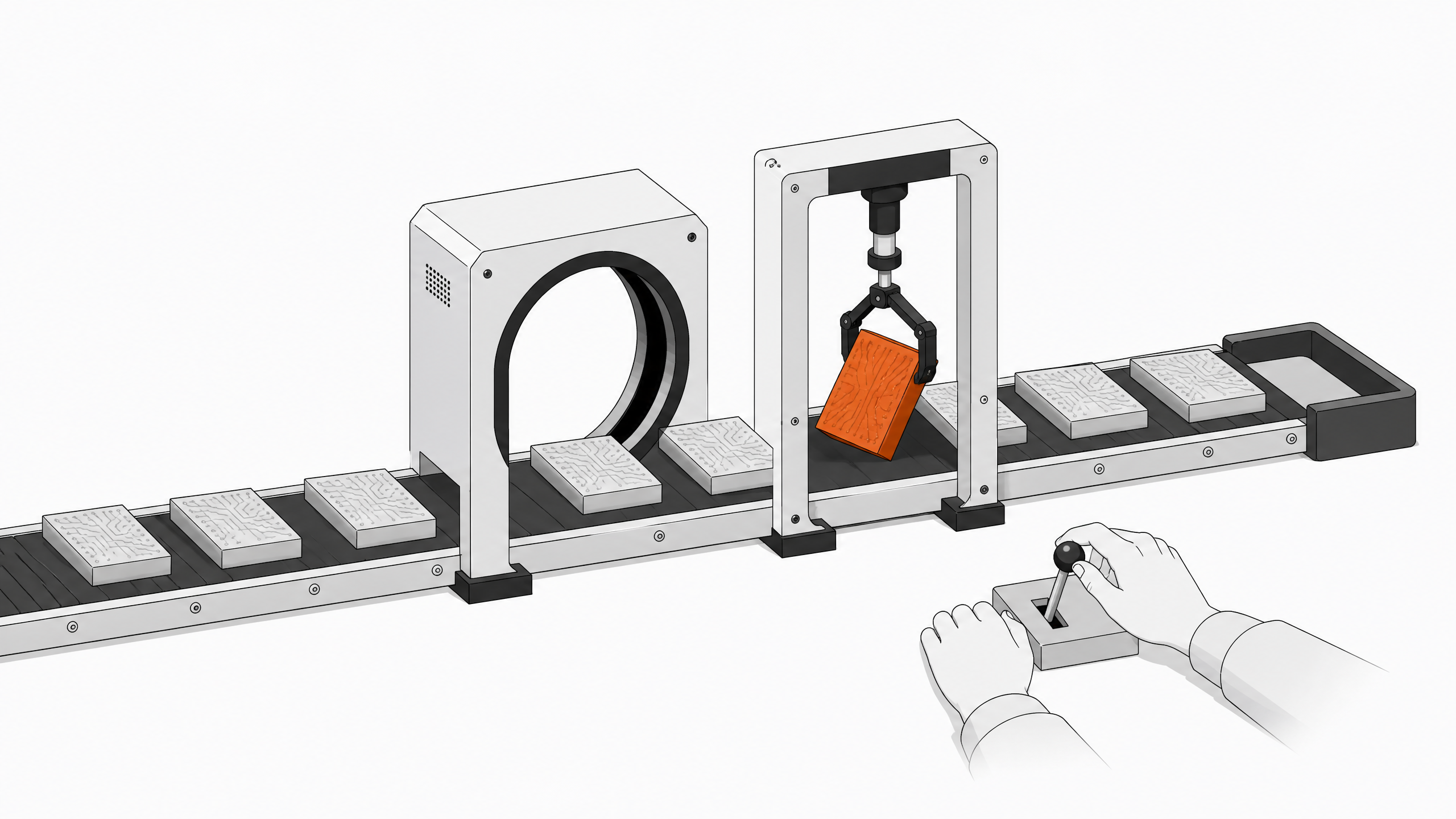 A conveyor of uniform code-block tokens passes through an automated scanner while a mechanical clamp singles out one block for closer inspection, illustrating human review of AI-generated code alongside automated benchmarking.