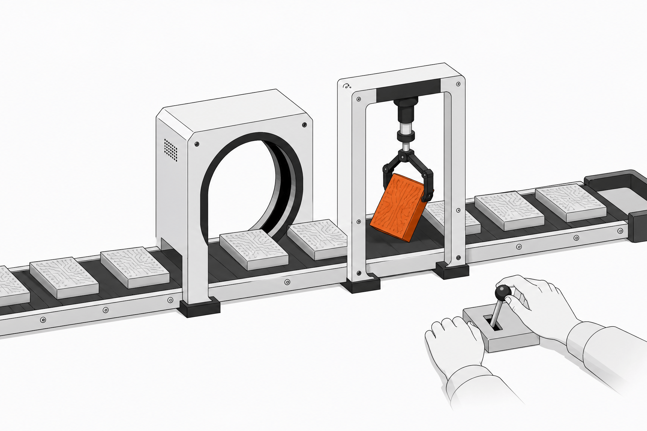 A conveyor of uniform code-block tokens passes through an automated scanner while a mechanical clamp singles out one block for closer inspection, illustrating human review of AI-generated code alongside automated benchmarking.