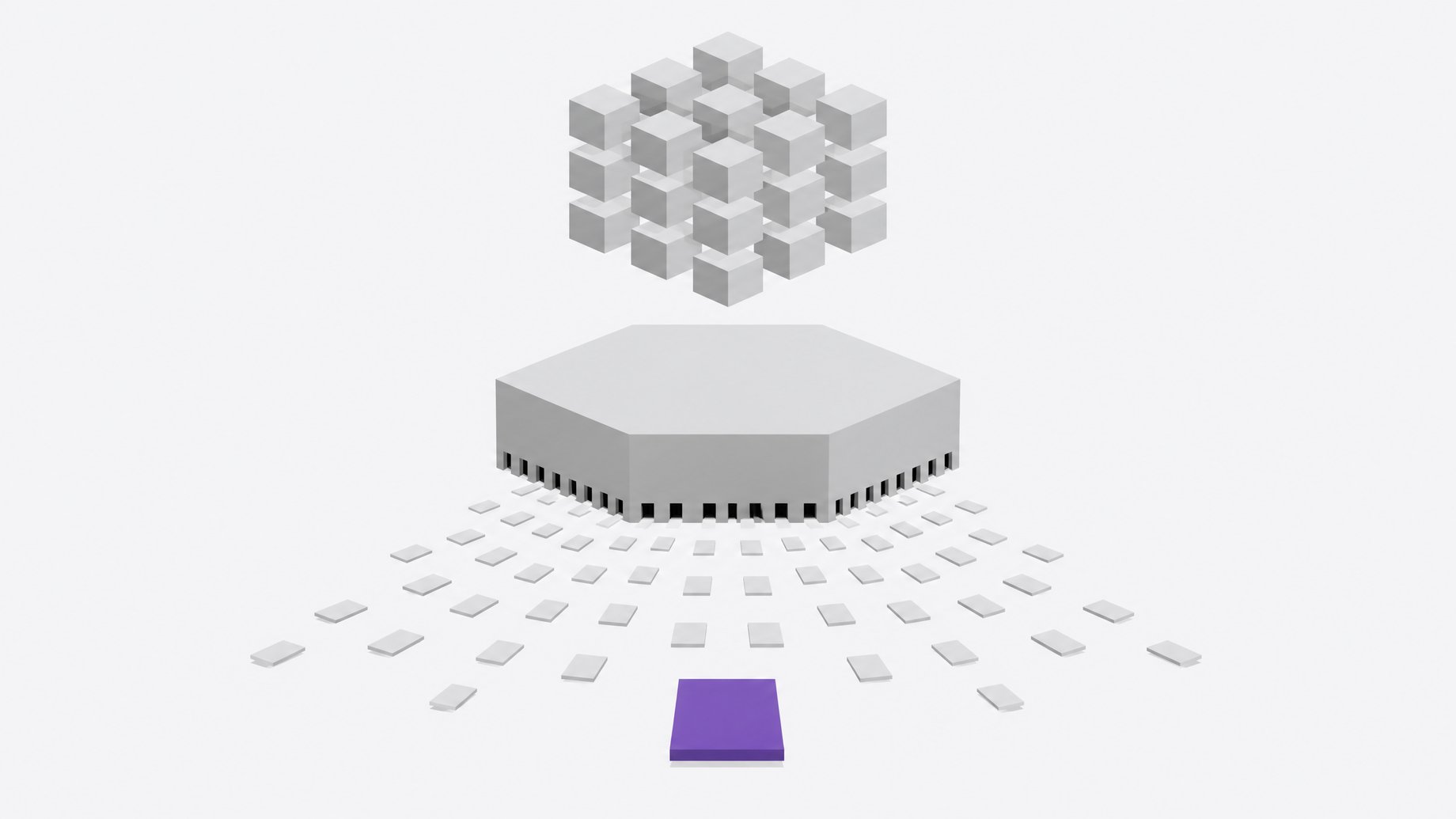 A faceted foundation-model block releasing many small individual tool-tiles that spread apart below a dense cluster of uniform subscription cubes, illustrating single features splitting off from a large AI platform into separate lightweight tools.