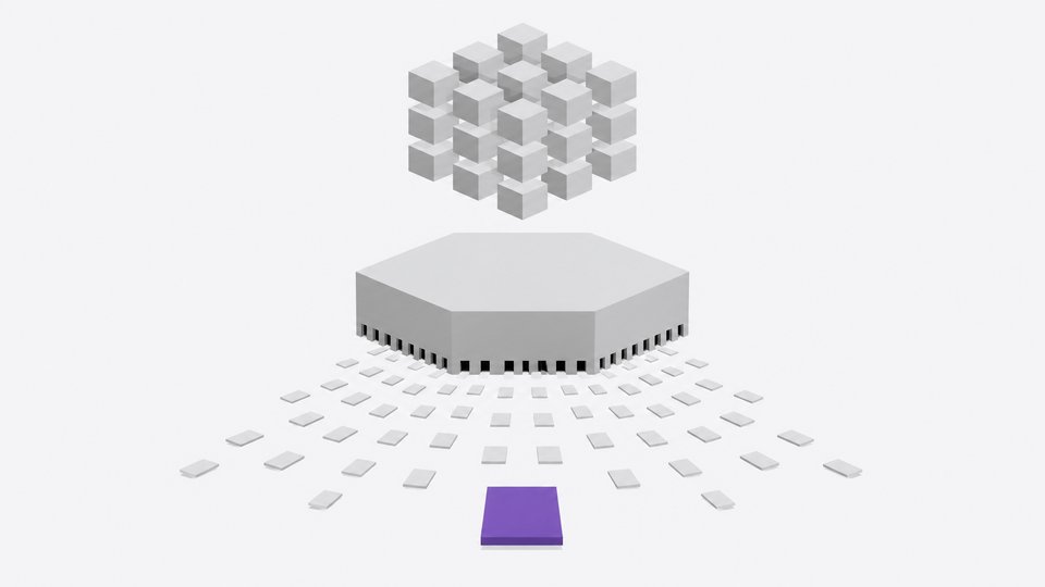 A faceted foundation-model block releasing many small individual tool-tiles that spread apart below a dense cluster of uniform subscription cubes, illustrating single features splitting off from a large AI platform into separate lightweight tools.