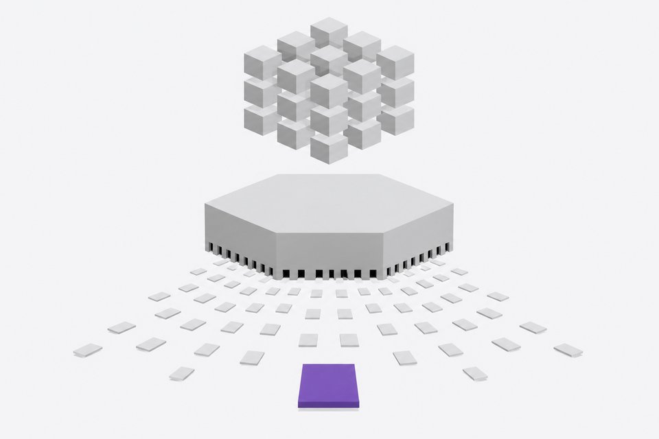 A faceted foundation-model block releasing many small individual tool-tiles that spread apart below a dense cluster of uniform subscription cubes, illustrating single features splitting off from a large AI platform into separate lightweight tools.