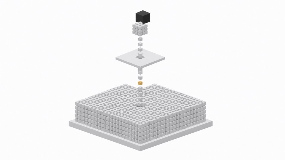 Diagram-like scene of a huge grid of dormant model-expert cubes on a storage slab with a small stream of cubes rising through a memory tier to a compact compute block, illustrating streaming inference of a large mixture-of-experts model from SSD.