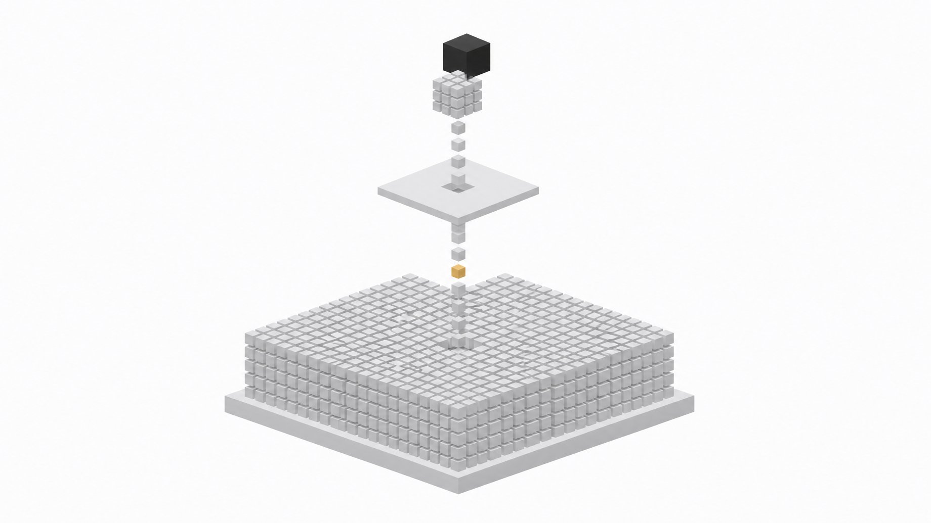 Diagram-like scene of a huge grid of dormant model-expert cubes on a storage slab with a small stream of cubes rising through a memory tier to a compact compute block, illustrating streaming inference of a large mixture-of-experts model from SSD.