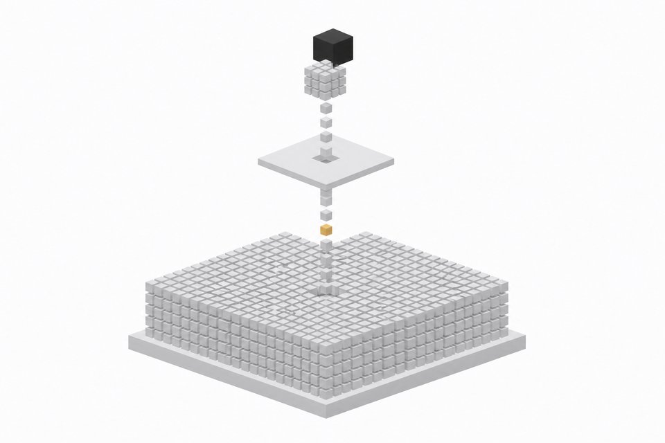 Diagram-like scene of a huge grid of dormant model-expert cubes on a storage slab with a small stream of cubes rising through a memory tier to a compact compute block, illustrating streaming inference of a large mixture-of-experts model from SSD.