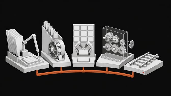 Five cutaway mechanical modules—representing CAD, ticketing, forms, workflow gears, and an unfinished track—linked by a single accent-colored spine, illustrating AI agents replacing distinct software categories and where the substitution breaks off.
