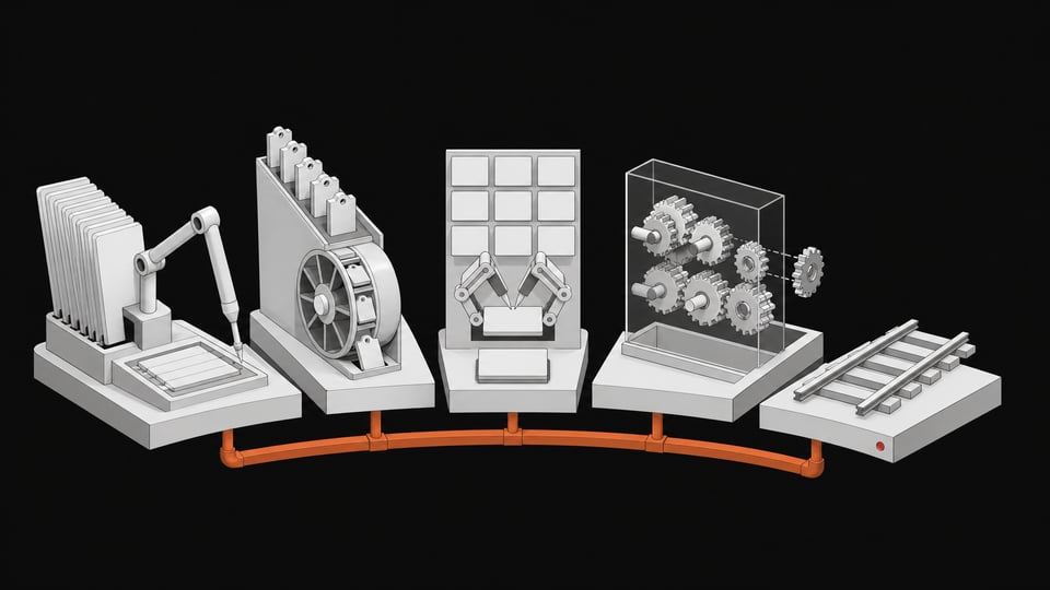 Five cutaway mechanical modules—representing CAD, ticketing, forms, workflow gears, and an unfinished track—linked by a single accent-colored spine, illustrating AI agents replacing distinct software categories and where the substitution breaks off.