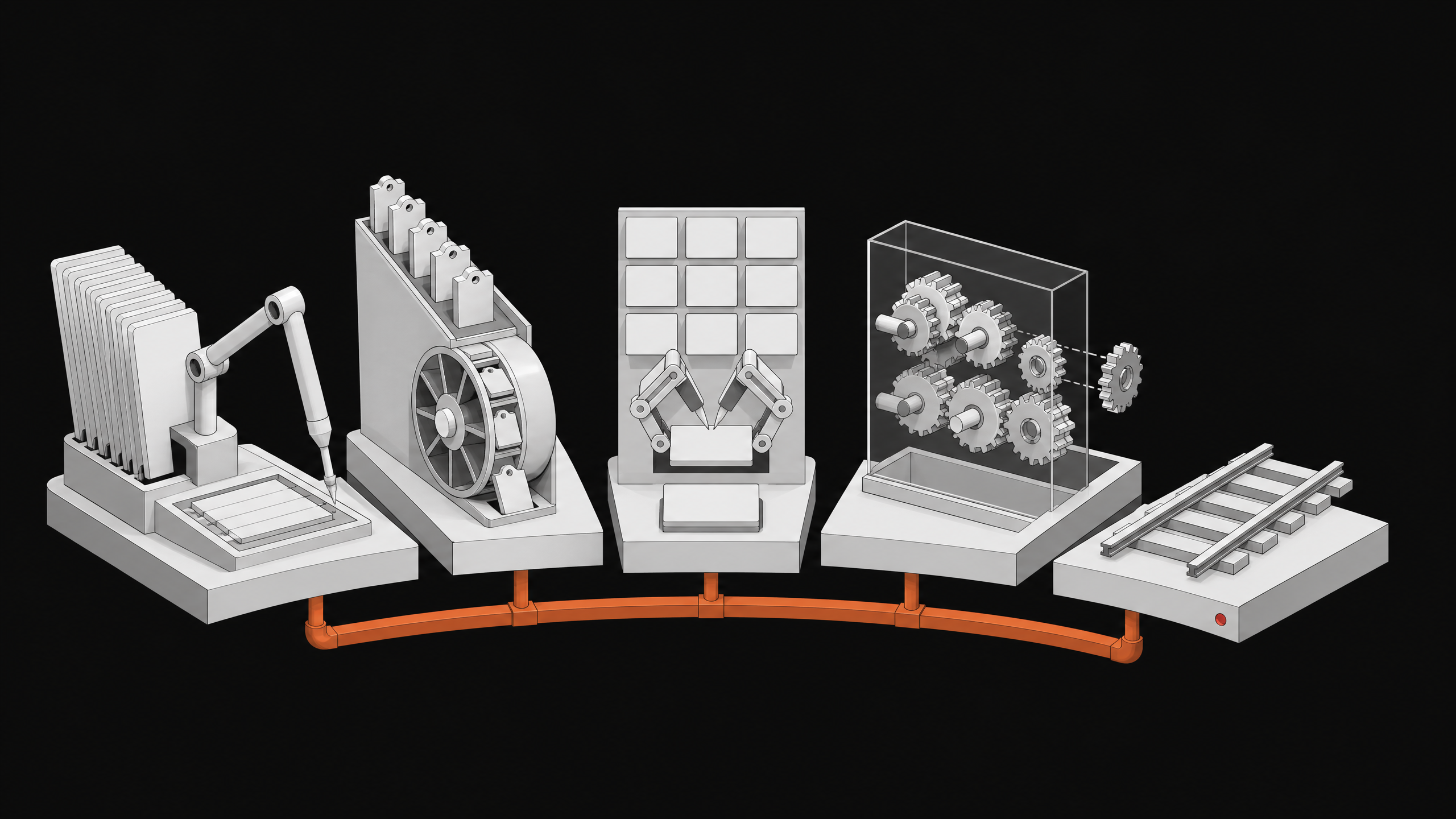 Five cutaway mechanical modules—representing CAD, ticketing, forms, workflow gears, and an unfinished track—linked by a single accent-colored spine, illustrating AI agents replacing distinct software categories and where the substitution breaks off.