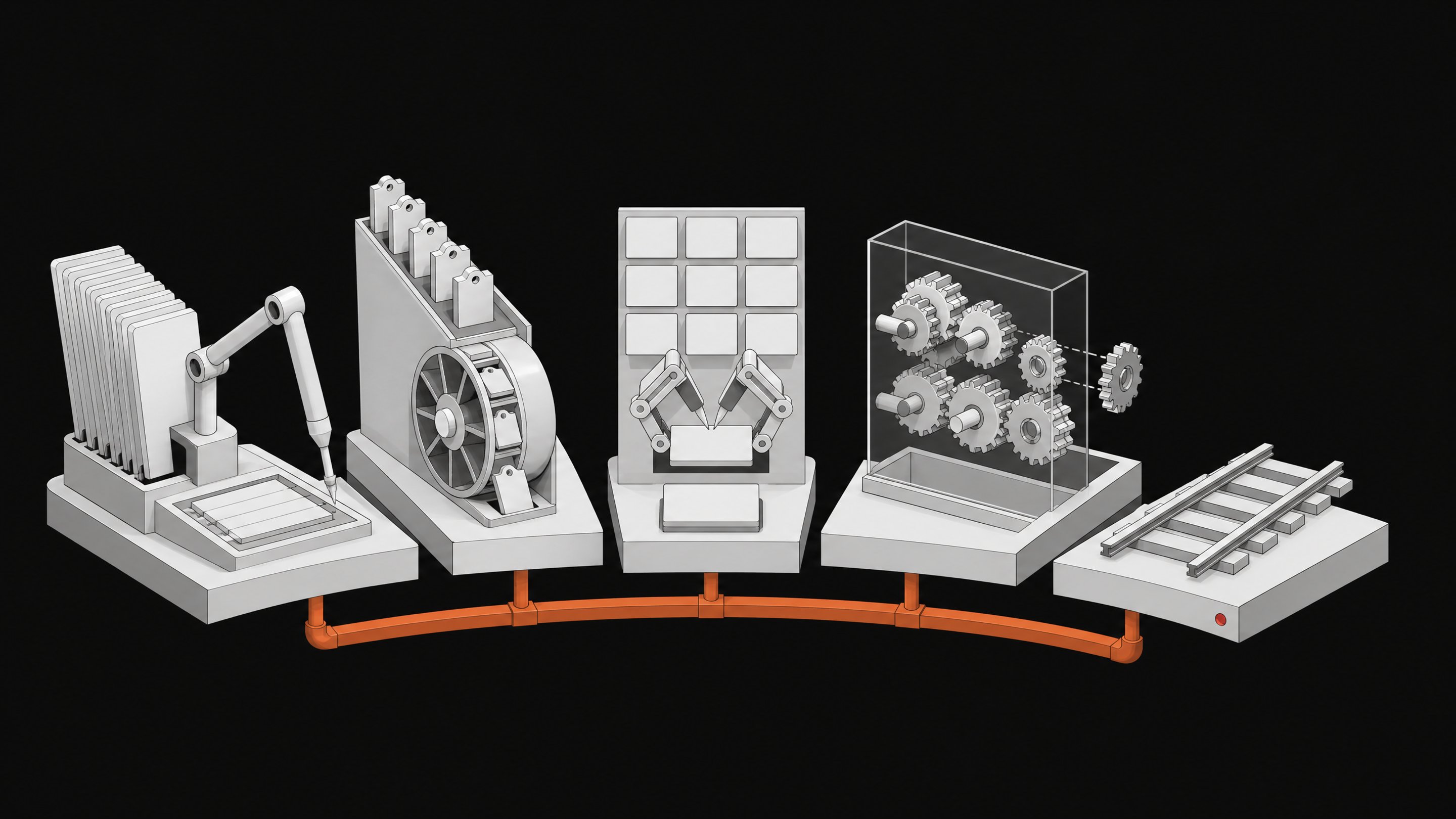 Five cutaway mechanical modules—representing CAD, ticketing, forms, workflow gears, and an unfinished track—linked by a single accent-colored spine, illustrating AI agents replacing distinct software categories and where the substitution breaks off.