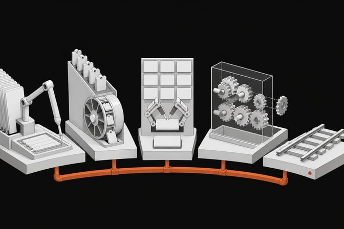 Five cutaway mechanical modules—representing CAD, ticketing, forms, workflow gears, and an unfinished track—linked by a single accent-colored spine, illustrating AI agents replacing distinct software categories and where the substitution breaks off.
