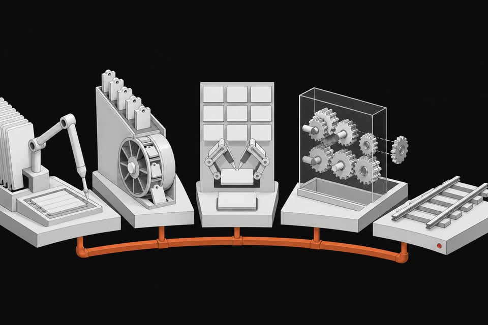 Five cutaway mechanical modules—representing CAD, ticketing, forms, workflow gears, and an unfinished track—linked by a single accent-colored spine, illustrating AI agents replacing distinct software categories and where the substitution breaks off.