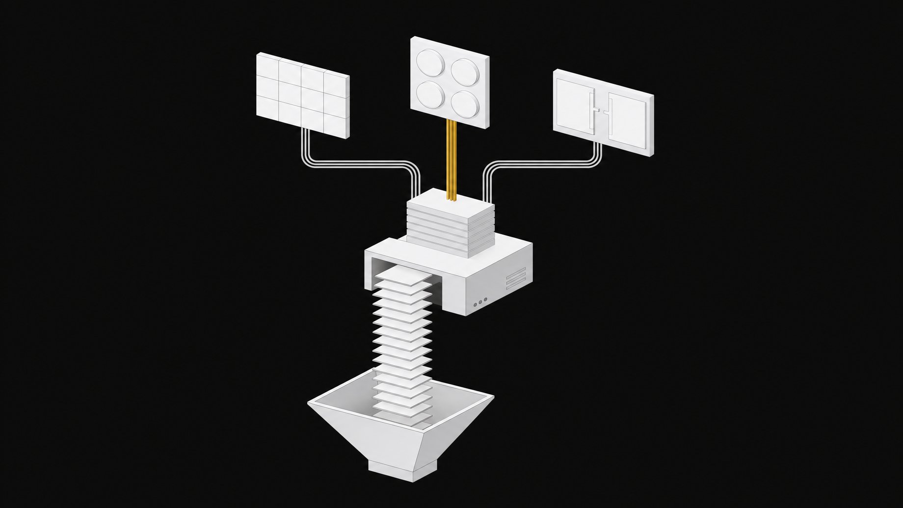 Diagram of live web data streaming through a compiler module into a small set of dashboard panels, illustrating a real-time web intelligence app pipeline.
