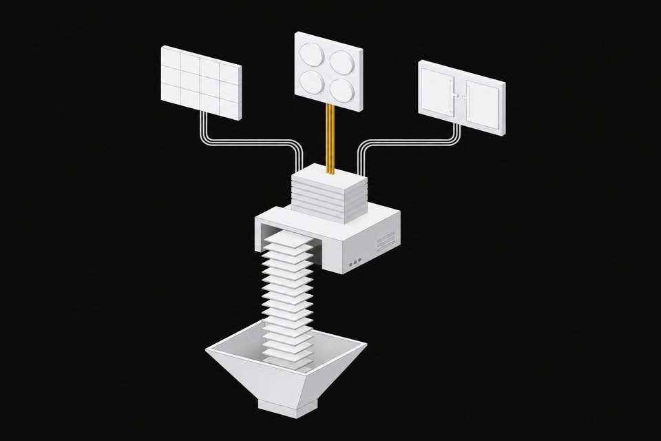 Diagram of live web data streaming through a compiler module into a small set of dashboard panels, illustrating a real-time web intelligence app pipeline.