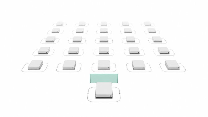 A grid of identical small computer modules operating continuously in the background, each passing through a single accent-colored approval gate before proceeding.