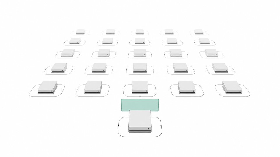A grid of identical small computer modules operating continuously in the background, each passing through a single accent-colored approval gate before proceeding.