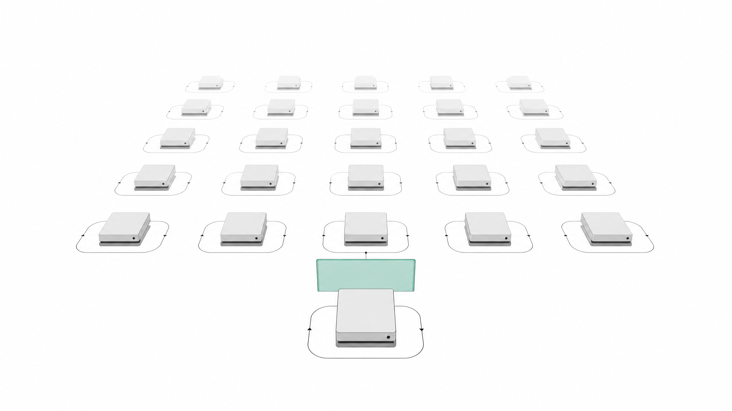 A grid of identical small computer modules operating continuously in the background, each passing through a single accent-colored approval gate before proceeding.