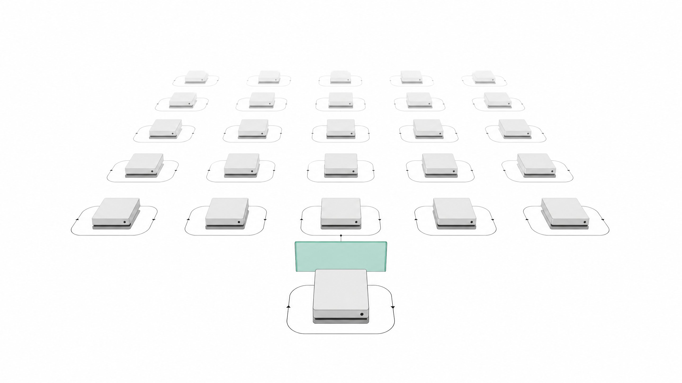 A grid of identical small computer modules operating continuously in the background, each passing through a single accent-colored approval gate before proceeding.