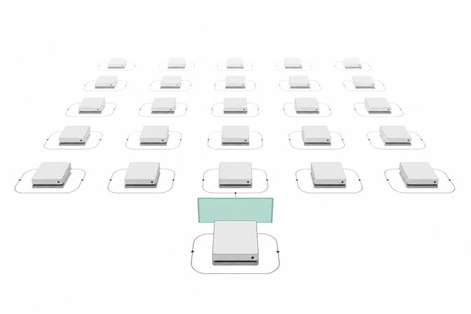 A grid of identical small computer modules operating continuously in the background, each passing through a single accent-colored approval gate before proceeding.