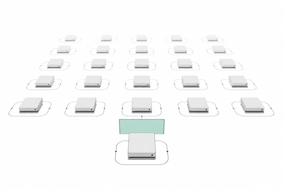 A grid of identical small computer modules operating continuously in the background, each passing through a single accent-colored approval gate before proceeding.