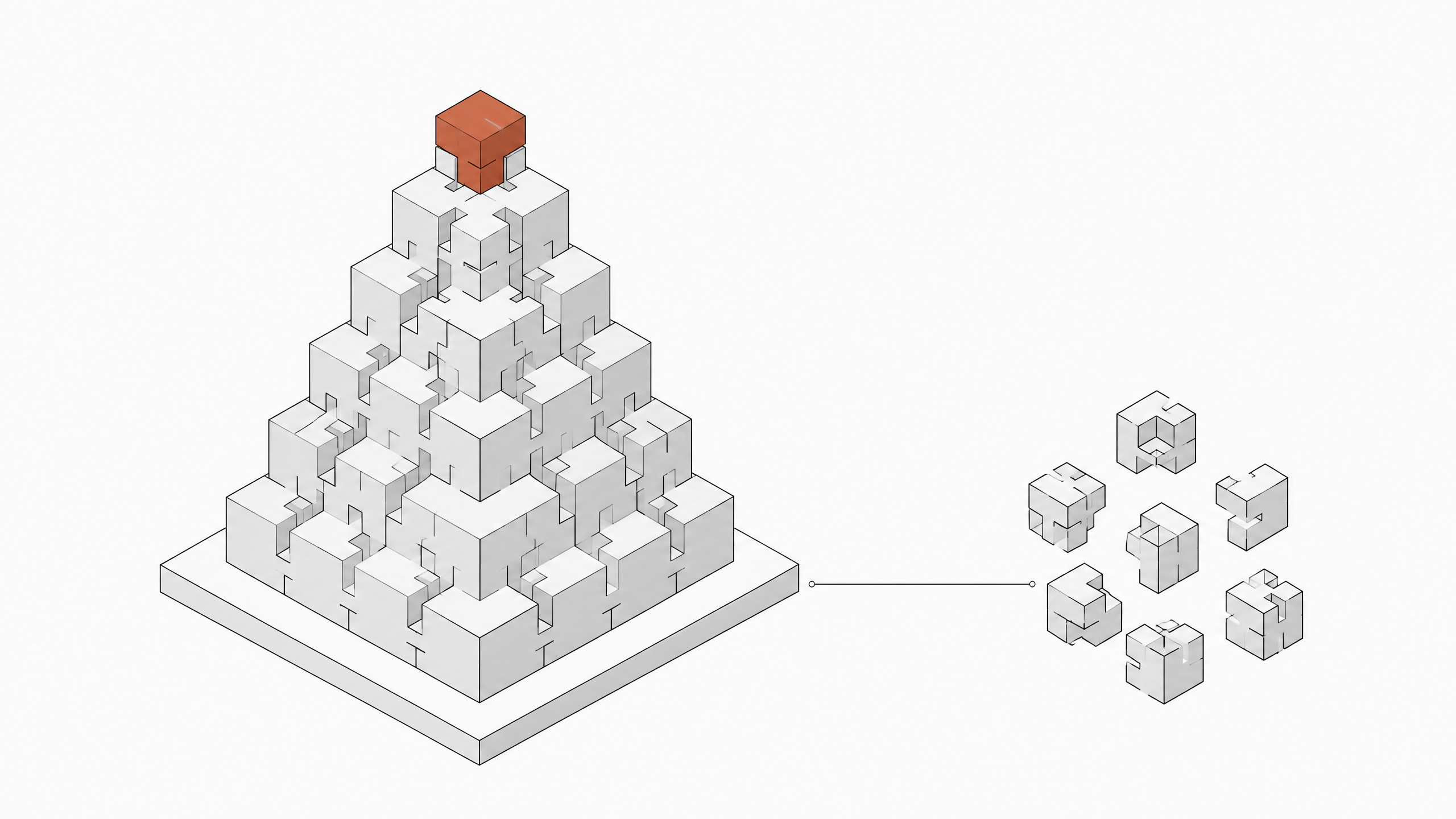 A stable interlocking tower of geometric blocks beside a loose, unaligned cluster of similar blocks, representing verified versus unverified logical structures in automated code proof systems.