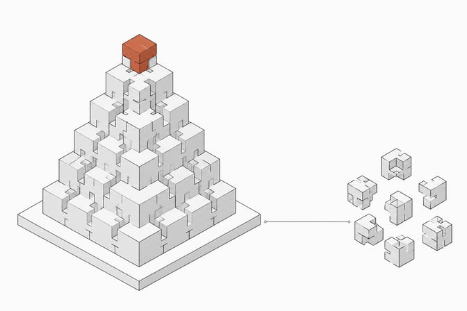 A stable interlocking tower of geometric blocks beside a loose, unaligned cluster of similar blocks, representing verified versus unverified logical structures in automated code proof systems.