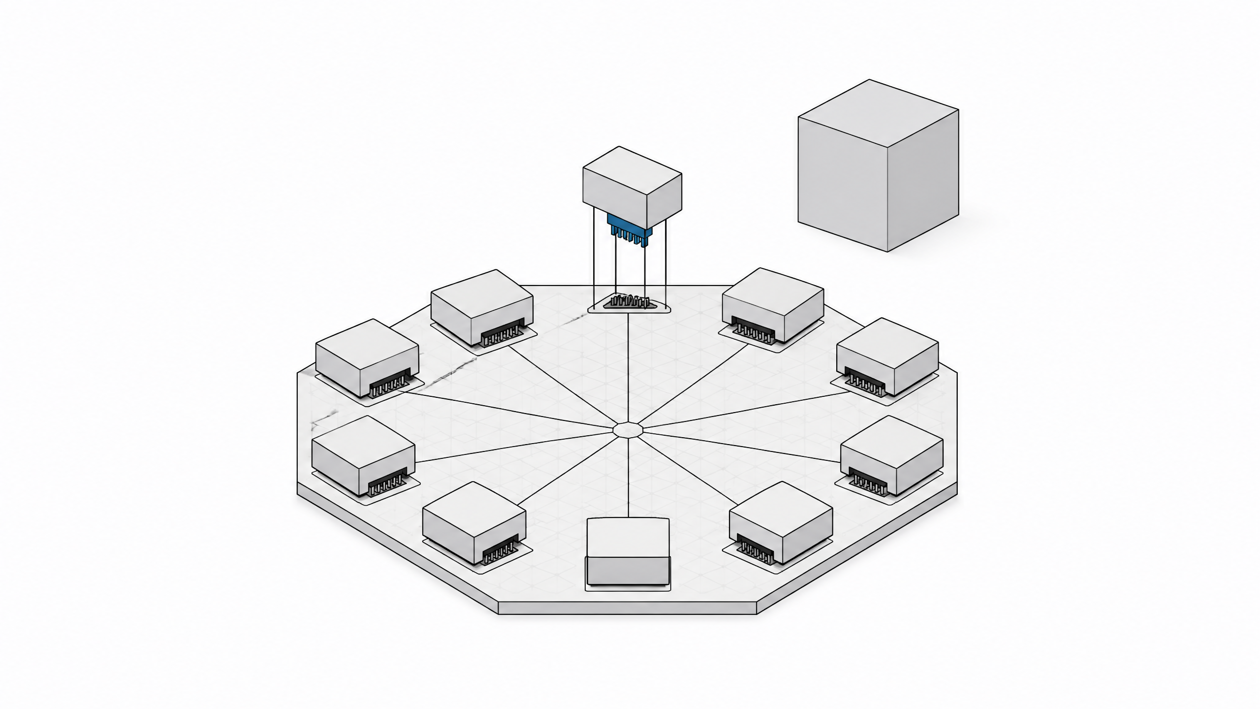 A modular base plate with ten identical plug-in agent modules docked in a ring, one lifted to show its exposed connector, set beside a smaller sealed opaque cube for contrast.