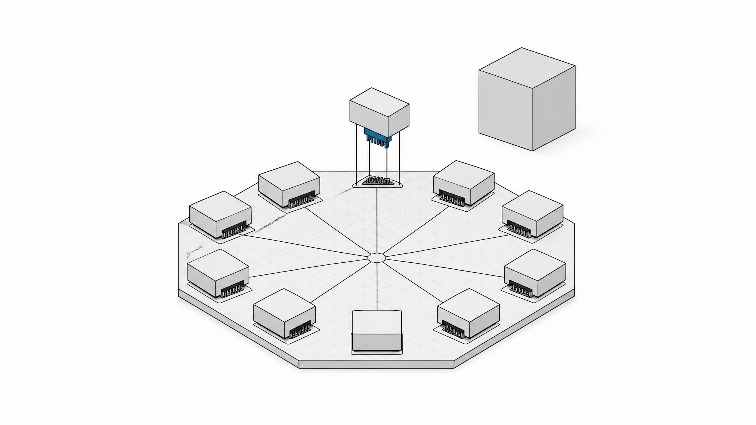 A modular base plate with ten identical plug-in agent modules docked in a ring, one lifted to show its exposed connector, set beside a smaller sealed opaque cube for contrast.