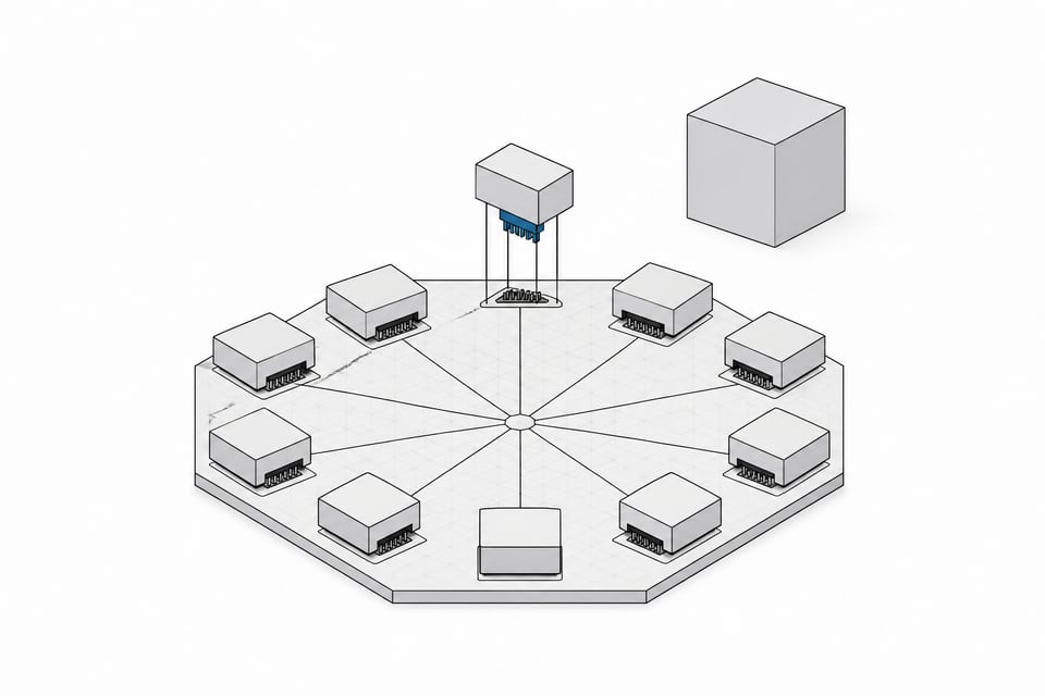 A modular base plate with ten identical plug-in agent modules docked in a ring, one lifted to show its exposed connector, set beside a smaller sealed opaque cube for contrast.
