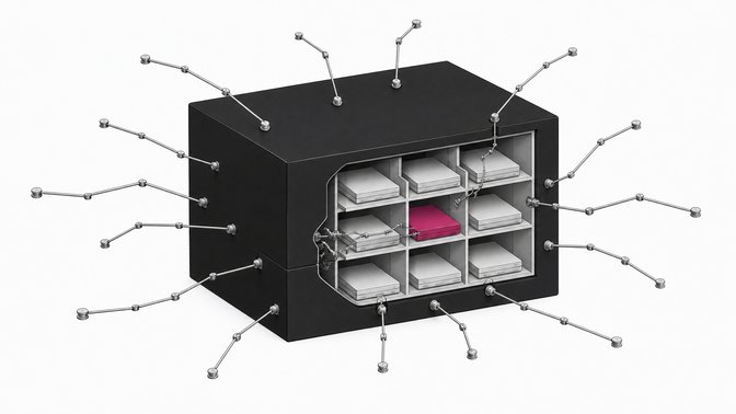 A sealed enterprise data enclosure surrounded by branching automated probes that slip through a seam to reach one highlighted compartment among many identical partitioned data slots inside.