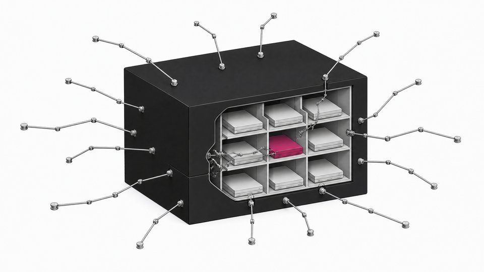 A sealed enterprise data enclosure surrounded by branching automated probes that slip through a seam to reach one highlighted compartment among many identical partitioned data slots inside.