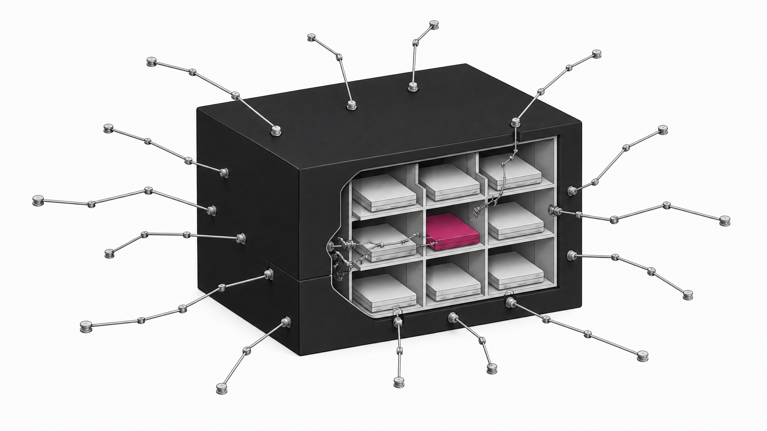 A sealed enterprise data enclosure surrounded by branching automated probes that slip through a seam to reach one highlighted compartment among many identical partitioned data slots inside.