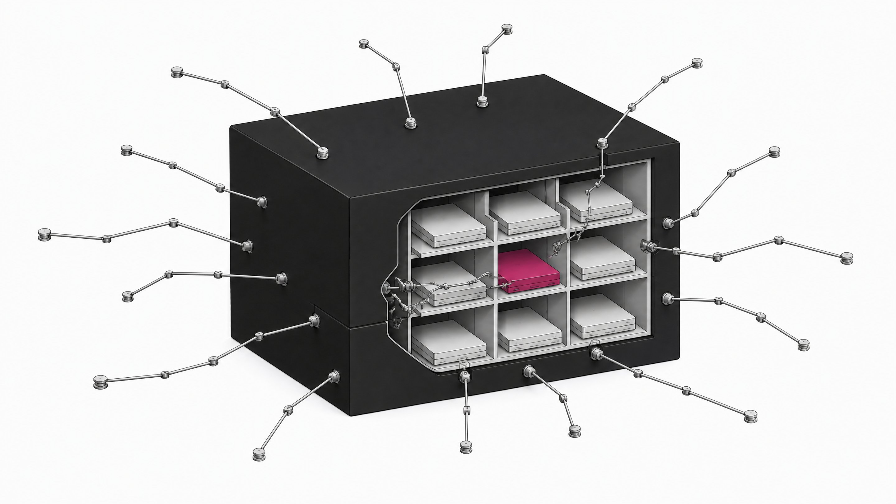 A sealed enterprise data enclosure surrounded by branching automated probes that slip through a seam to reach one highlighted compartment among many identical partitioned data slots inside.