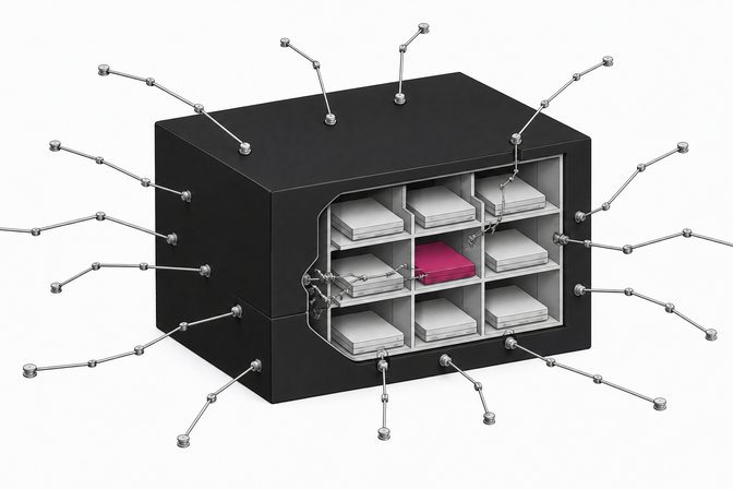 A sealed enterprise data enclosure surrounded by branching automated probes that slip through a seam to reach one highlighted compartment among many identical partitioned data slots inside.