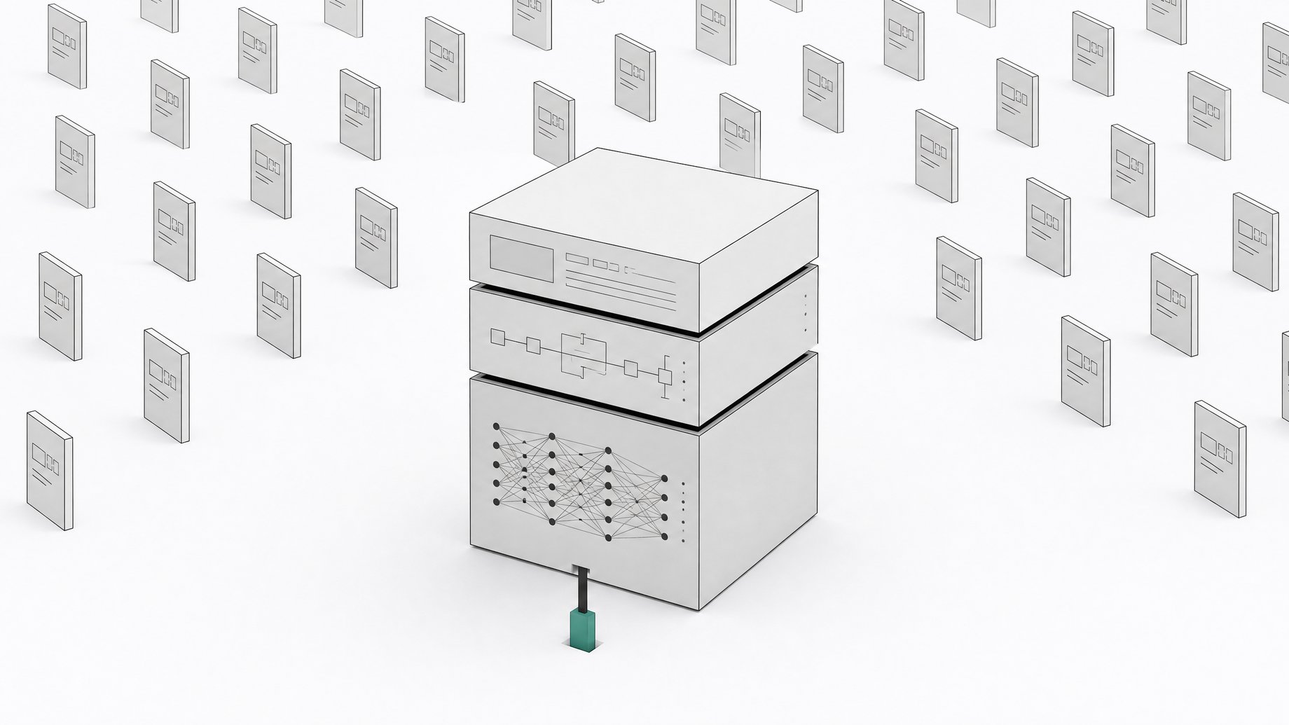 A single three-layer modular stack (model, harness, interface) connected to a local plug, set against a receding grid of many identical distant panels.