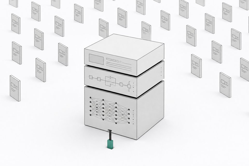 A single three-layer modular stack (model, harness, interface) connected to a local plug, set against a receding grid of many identical distant panels.