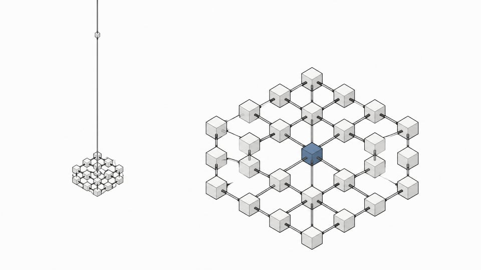 Illustration contrasting a distant tall networked spire with a compact, self-contained hexagonal cluster of interconnected nodes, representing cloud-based versus locally hosted AI infrastructure.