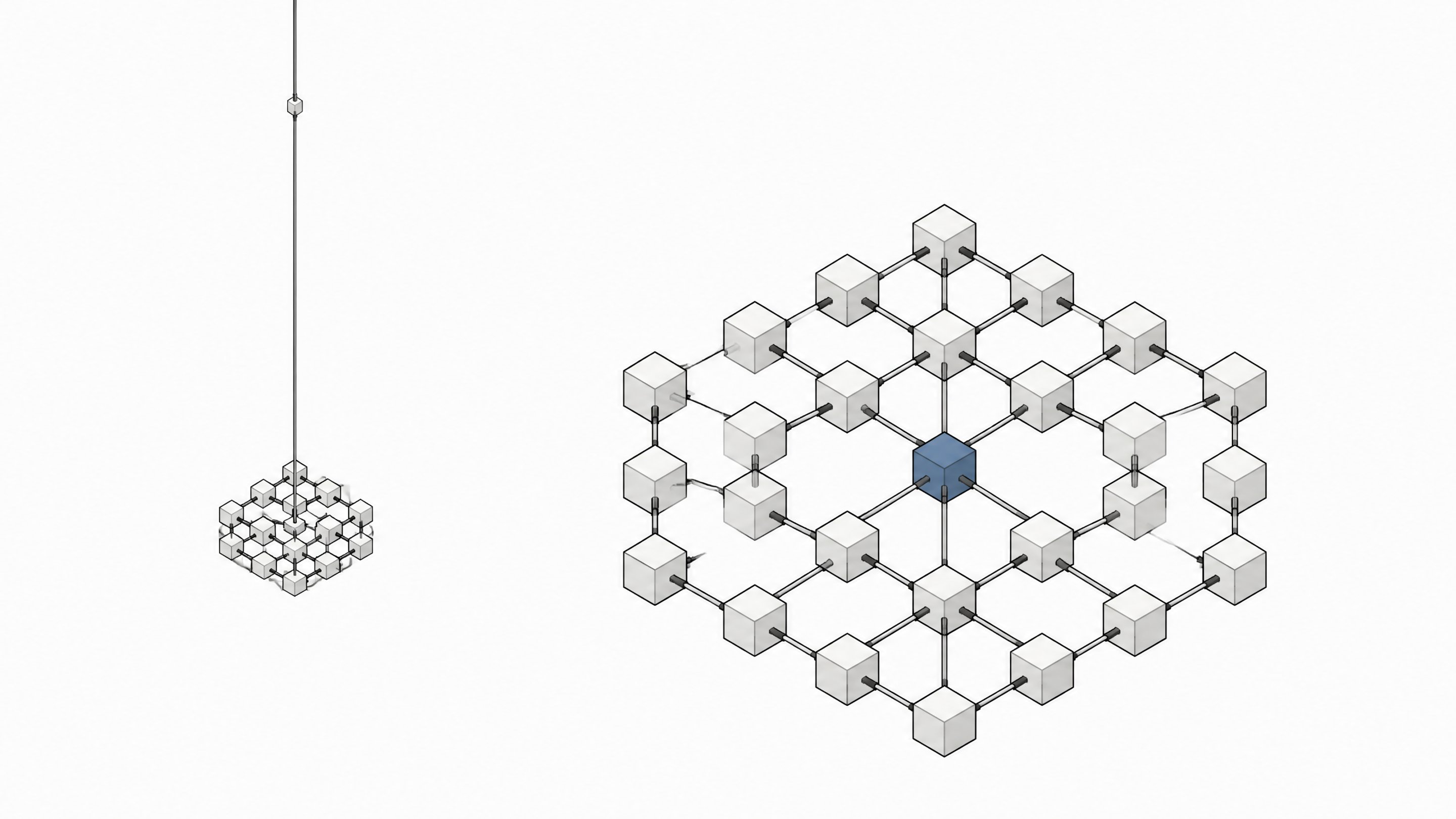 Illustration contrasting a distant tall networked spire with a compact, self-contained hexagonal cluster of interconnected nodes, representing cloud-based versus locally hosted AI infrastructure.
