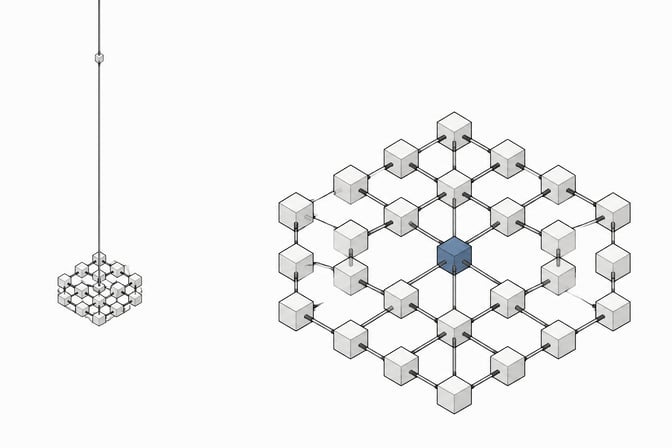Illustration contrasting a distant tall networked spire with a compact, self-contained hexagonal cluster of interconnected nodes, representing cloud-based versus locally hosted AI infrastructure.