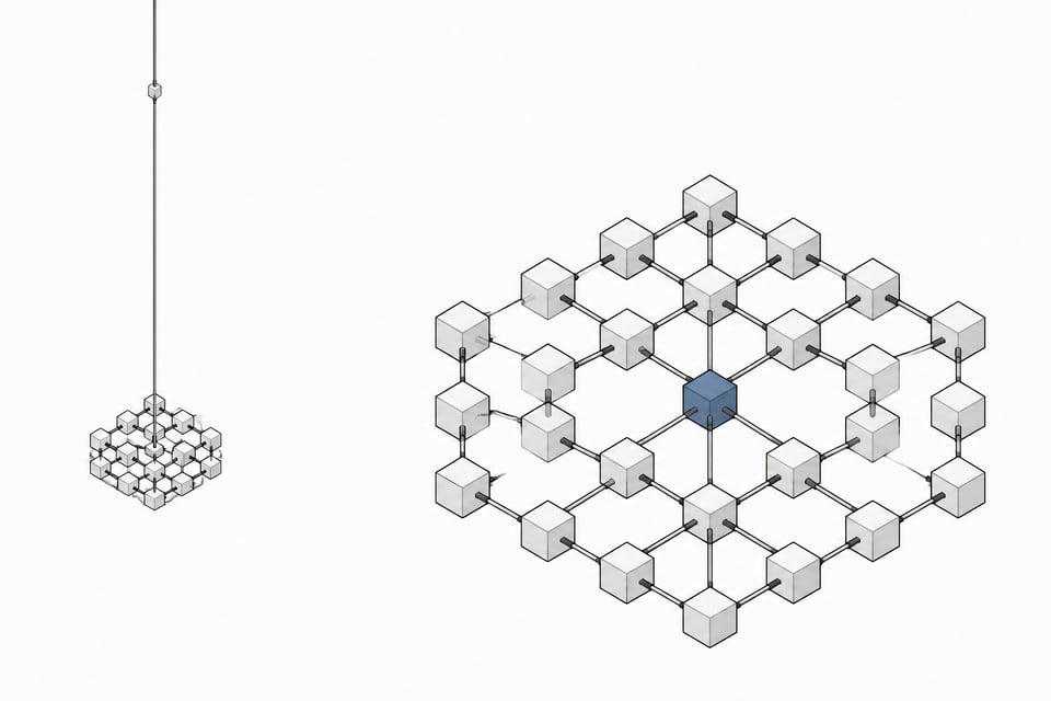 Illustration contrasting a distant tall networked spire with a compact, self-contained hexagonal cluster of interconnected nodes, representing cloud-based versus locally hosted AI infrastructure.