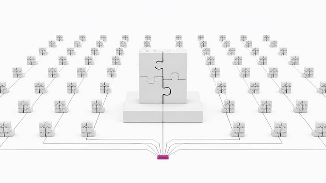 Illustration of many identical no-code workflow blocks all funneling through a single shared connector, representing vendor lock-in in no-code AI platforms.