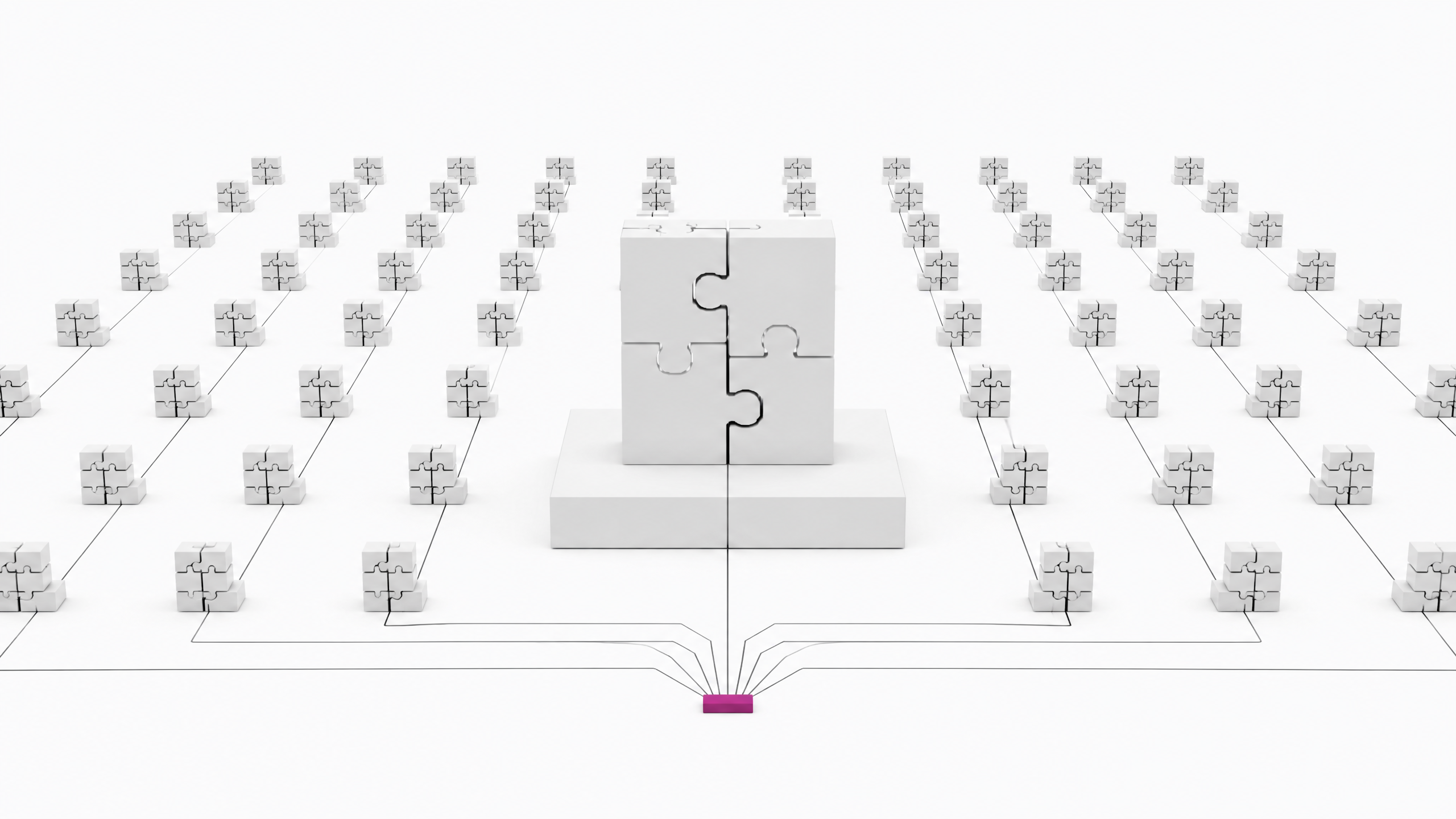 Illustration of many identical no-code workflow blocks all funneling through a single shared connector, representing vendor lock-in in no-code AI platforms.