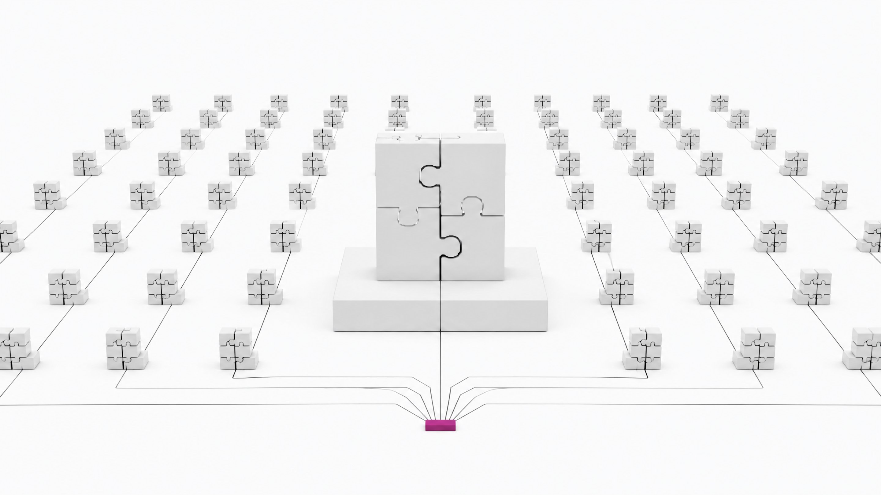 Illustration of many identical no-code workflow blocks all funneling through a single shared connector, representing vendor lock-in in no-code AI platforms.