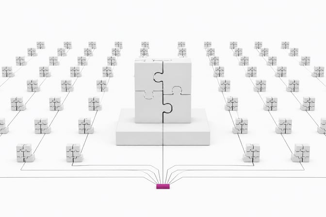 Illustration of many identical no-code workflow blocks all funneling through a single shared connector, representing vendor lock-in in no-code AI platforms.