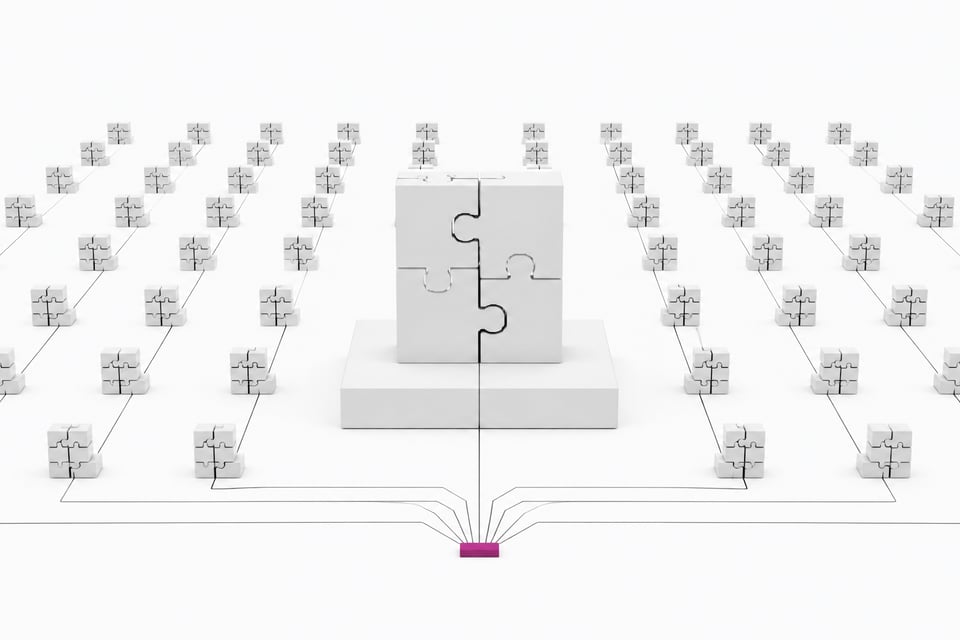 Illustration of many identical no-code workflow blocks all funneling through a single shared connector, representing vendor lock-in in no-code AI platforms.