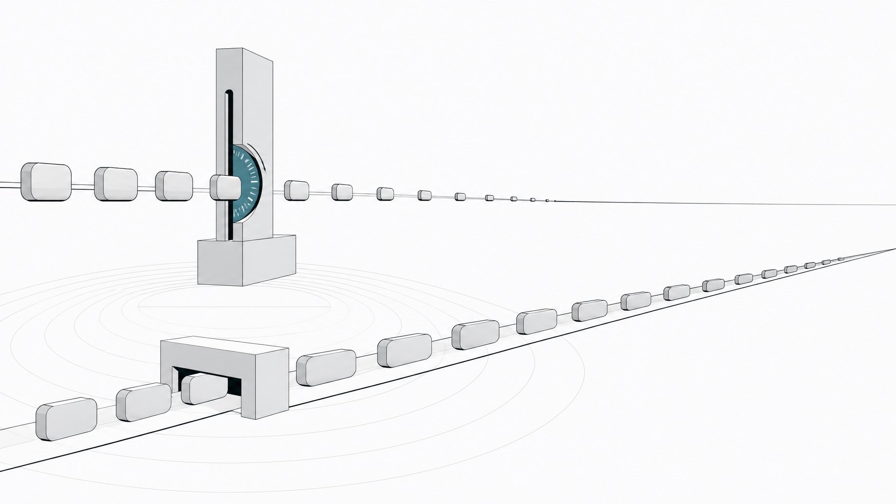 Two parallel processing paths compared side by side, one passing repeatedly through a metering gate that shrinks each unit and one passing once through a wide gate before continuing unchanged, illustrating cloud API metered costs versus a one-time local model setup.
