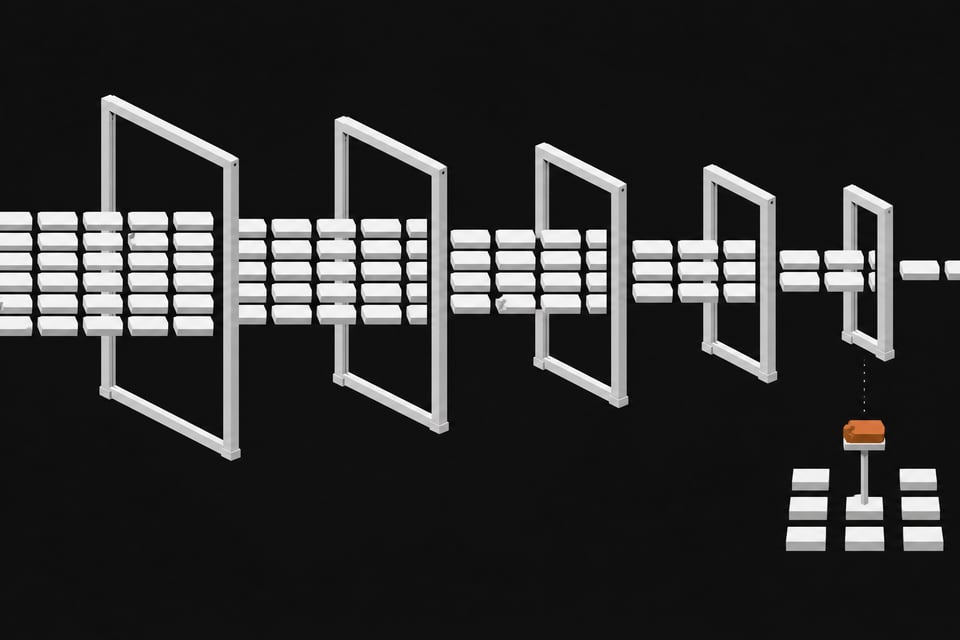 A stream of uniform code-blocks passes through a series of narrowing measurement gates, with flawed blocks sorted into a small output grid at the end.