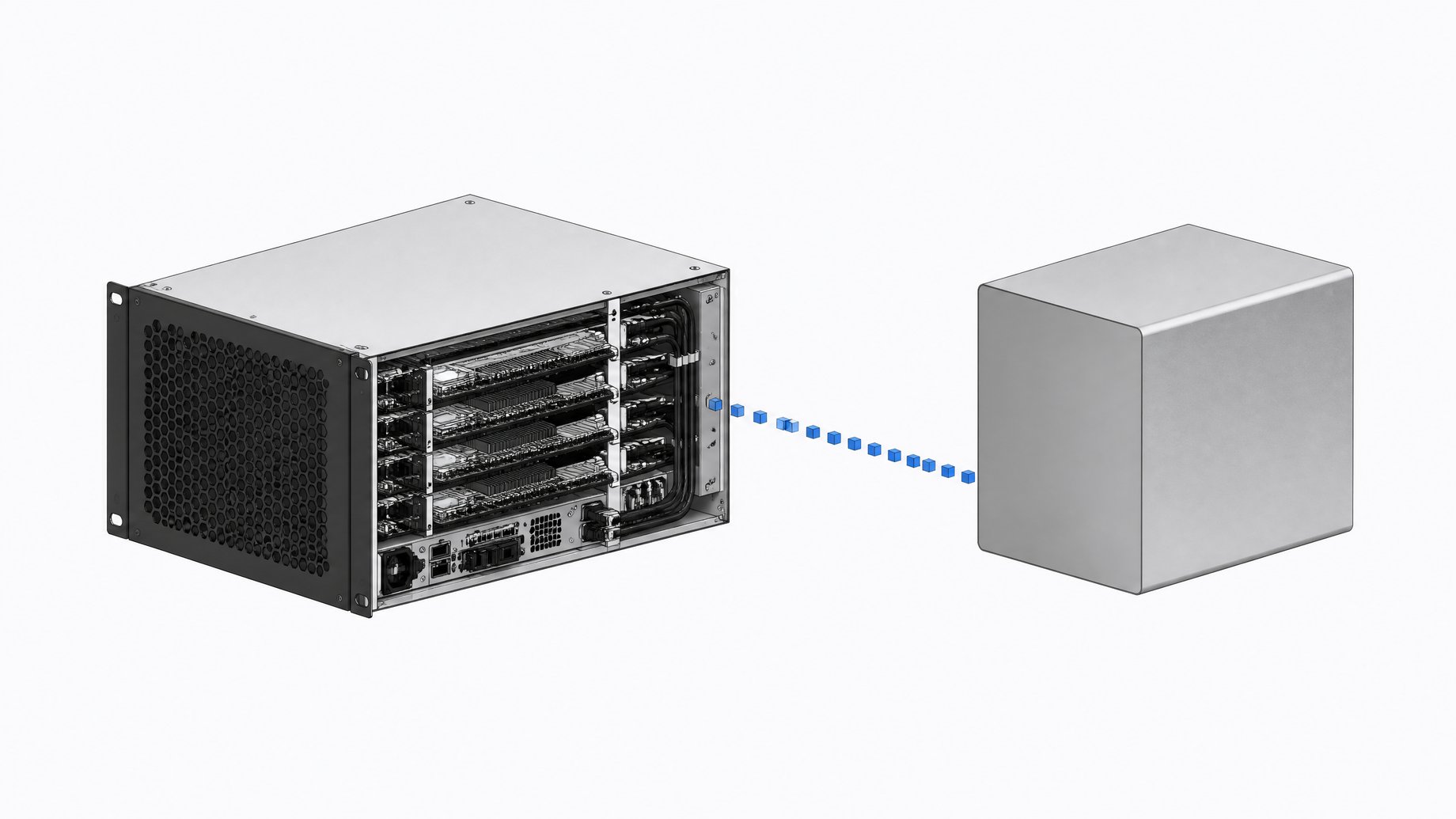 An open server chassis with visible internal boards sits beside a smooth sealed capsule, connected by a line of small tokens, illustrating local AI inference hardware versus a closed API service.