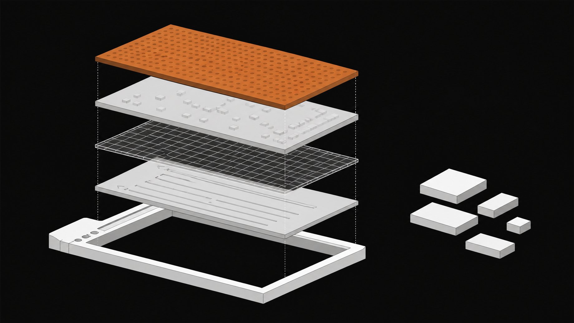 Exploded cutaway diagram of a web browser's internal layers—markup, layout, scripting, and local storage—shown as stacked modular plates, with separate smaller third-party service blocks set apart to the side.