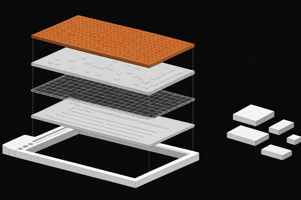 Exploded cutaway diagram of a web browser's internal layers—markup, layout, scripting, and local storage—shown as stacked modular plates, with separate smaller third-party service blocks set apart to the side.
