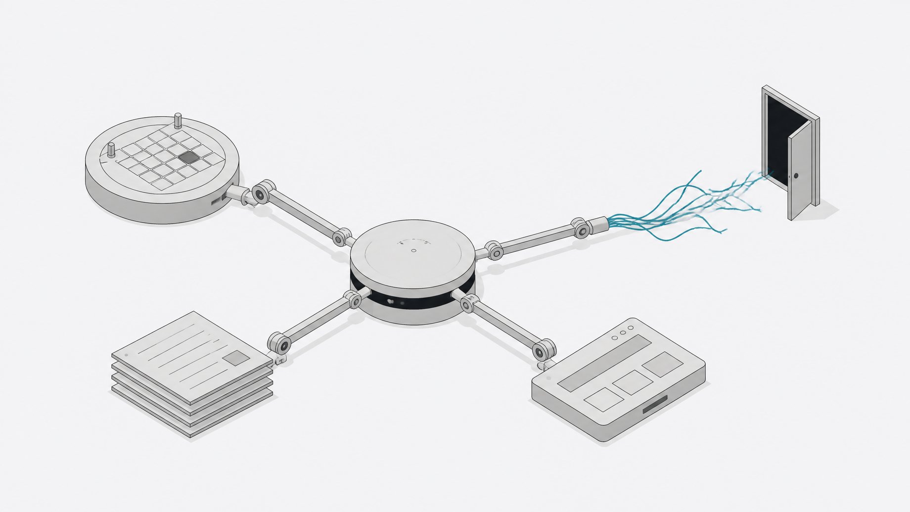 A diagram-like illustration of an autonomous software agent connected to calendar, wiki, and SaaS endpoints, with one connection fraying open toward an unauthorized external path.